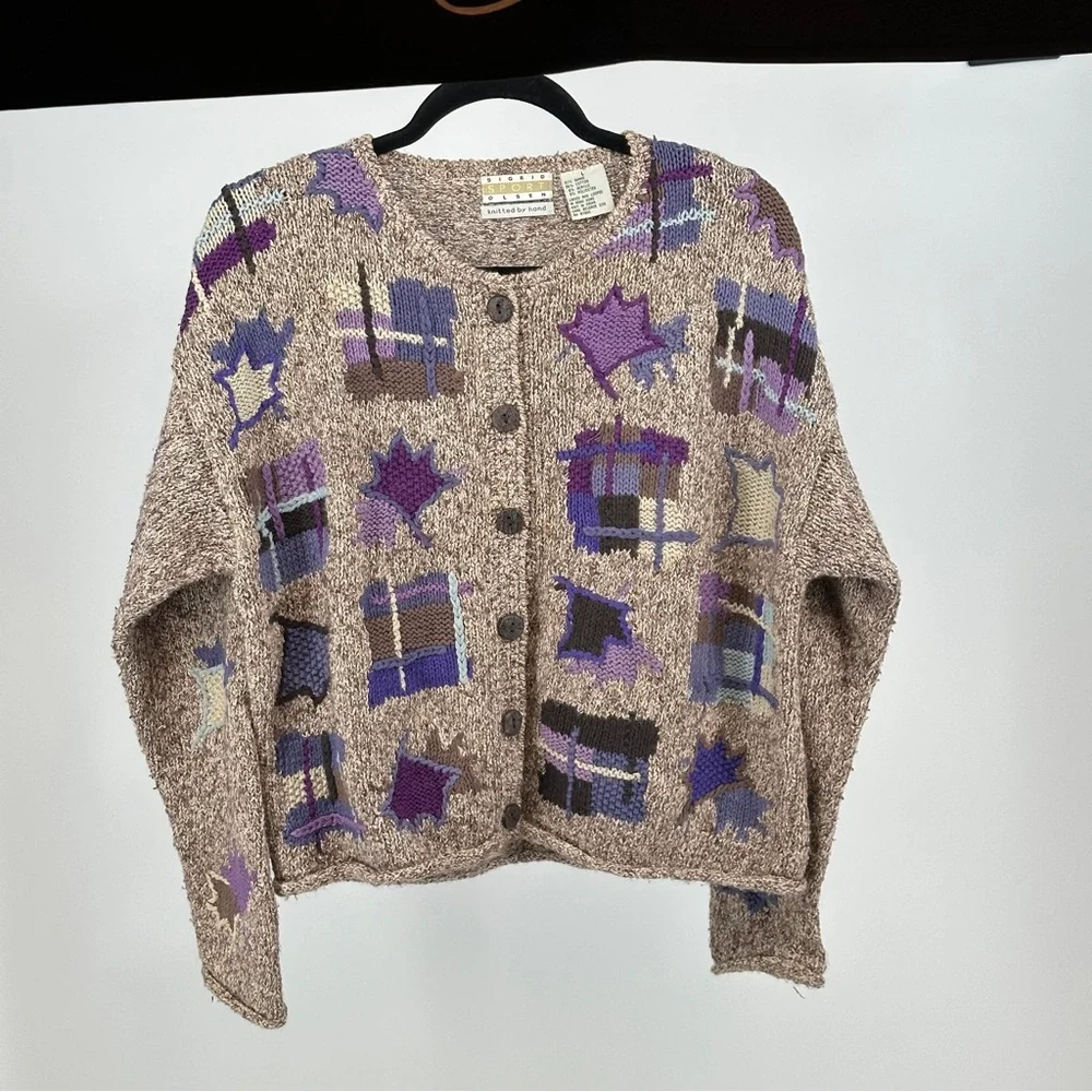 Women's Large‎ Tan Purple Lilac Patterned Sweater Vintage Cardigan Cozy